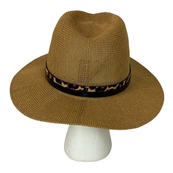 Vince Camuto Womens Wide Brim Straw Mesh Sun Hat Leopard Print Band Vacation - Picture 3 of 6